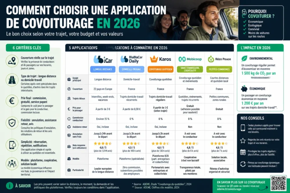 Infographie des critères pour choisir une application covoiturage France