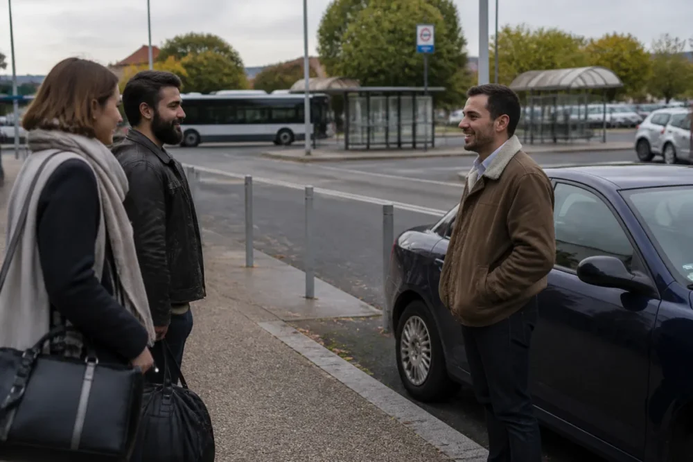 Scène réaliste de covoiturage longue distance près d’une gare routière en France