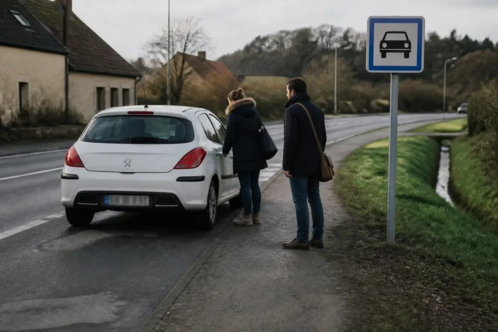 Covoiturage quotidien dans une petite commune avec arrêt dédié et voiture partagée