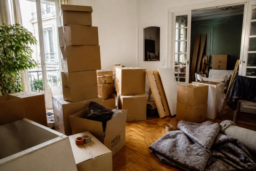 Cartons de déménagement dans un appartement pour estimer un budget déménagement 2026