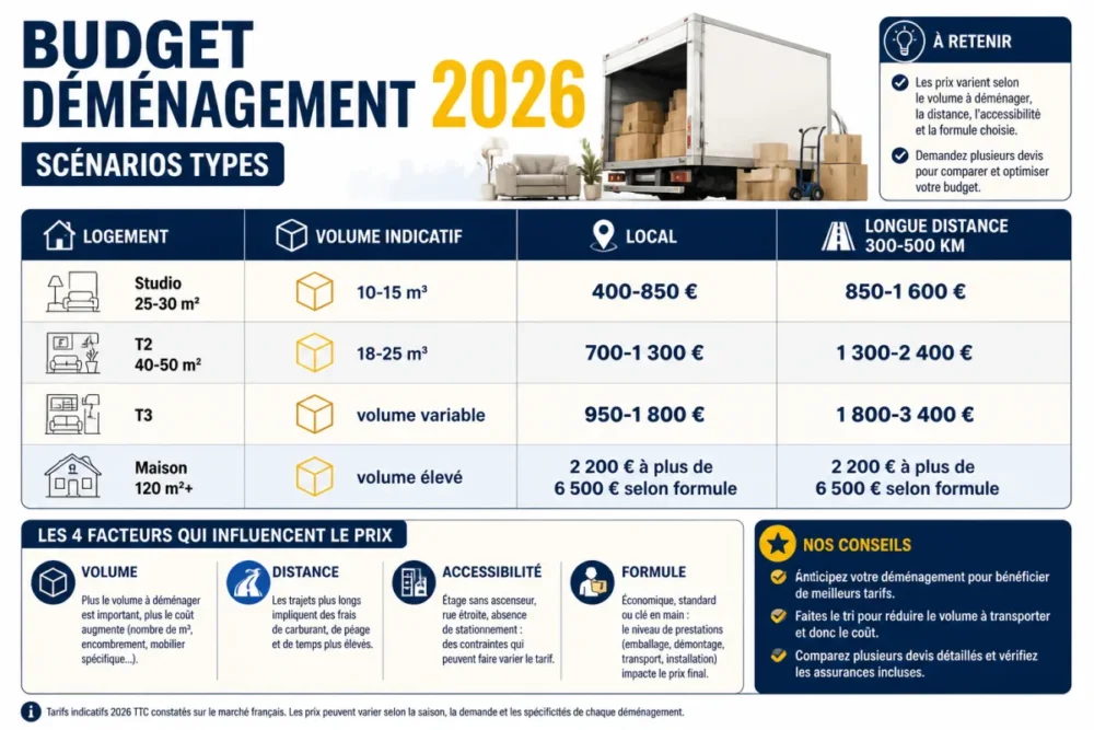 Infographie comparant les scénarios de budget déménagement 2026 selon logement et distance