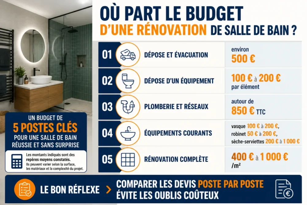 Infographie des postes de coût pour une rénovation de salle de bain