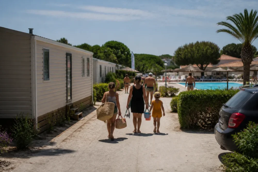 Camping familial en haute saison avec mobil-homes et piscine en bord de mer
