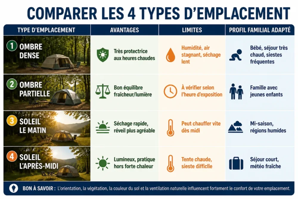 Infographie comparative des 4 types d’emplacement de camping ombre ou soleil avec enfants
