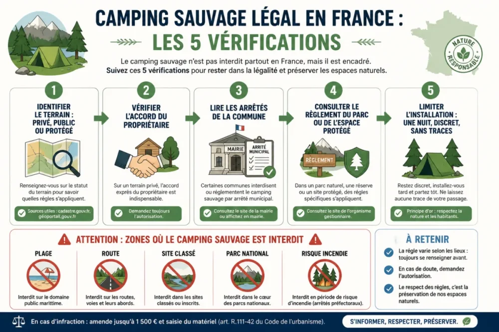 Schéma des règles pour savoir si le camping sauvage est légal en France