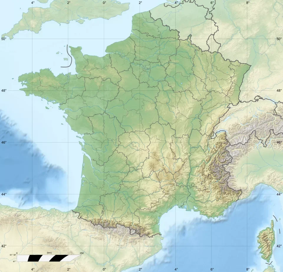 Carte des régions de France avec départements, vue physique et détaillée