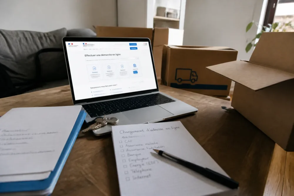 Photo réaliste de cartons de déménagement avec ordinateur ouvert pour des démarches de changement d’adresse en ligne