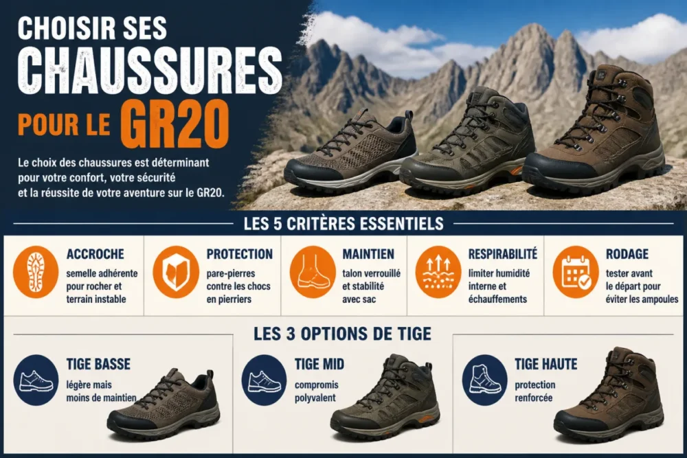 Infographie des critères essentiels pour choisir des chaussures de randonnée GR20