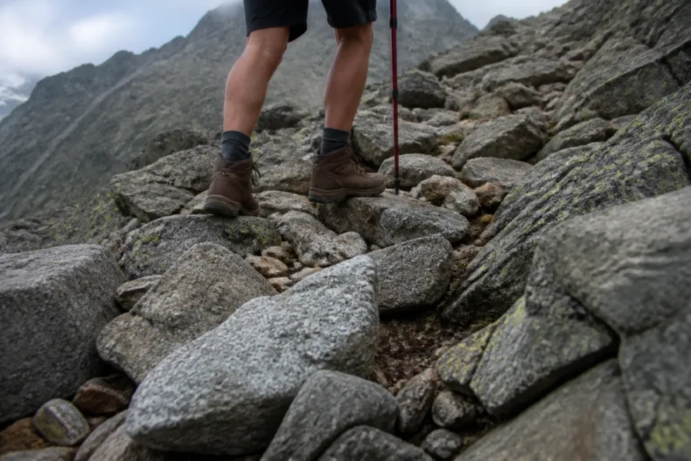 Chaussures de randonnée sur un pierrier du GR20 en Corse