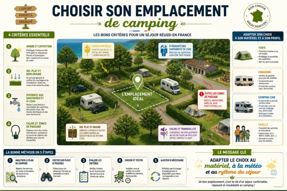Schéma des critères pour choisir un emplacement de camping entre ombre, sol, services et calme