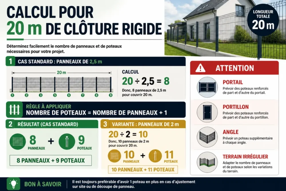 Schéma du calcul du nombre de poteaux pour une clôture rigide de 20 mètres