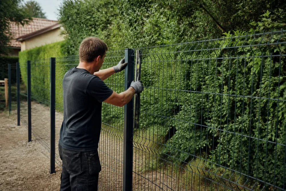 Pose de panneaux rigides et poteaux de clôture dans un jardin