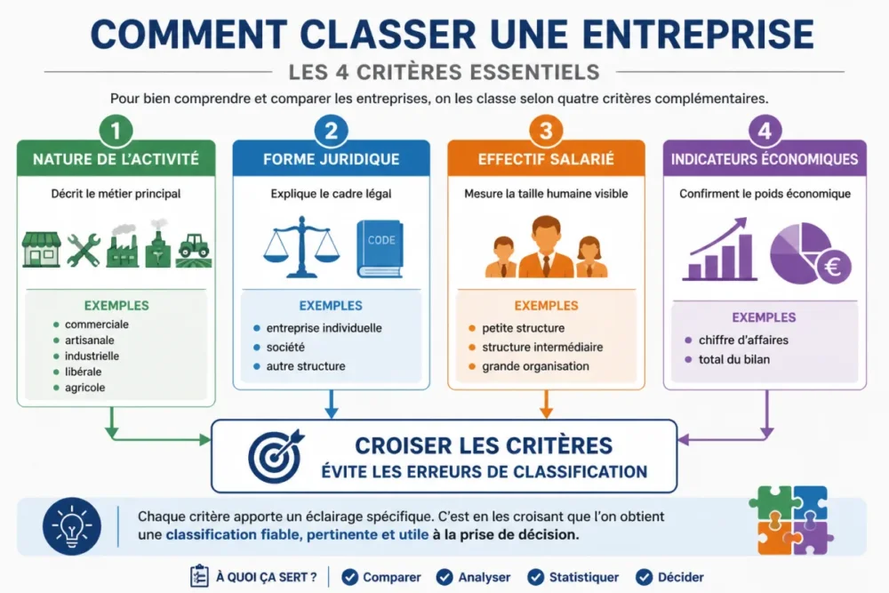 Schéma des quatre critères pour classer une entreprise selon sa nature et sa taille