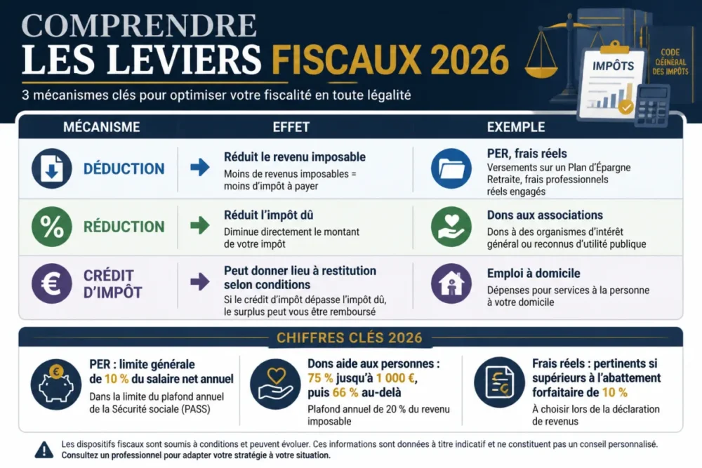 Infographie des déductions réductions crédits d'impôt et plafonds fiscaux 2026