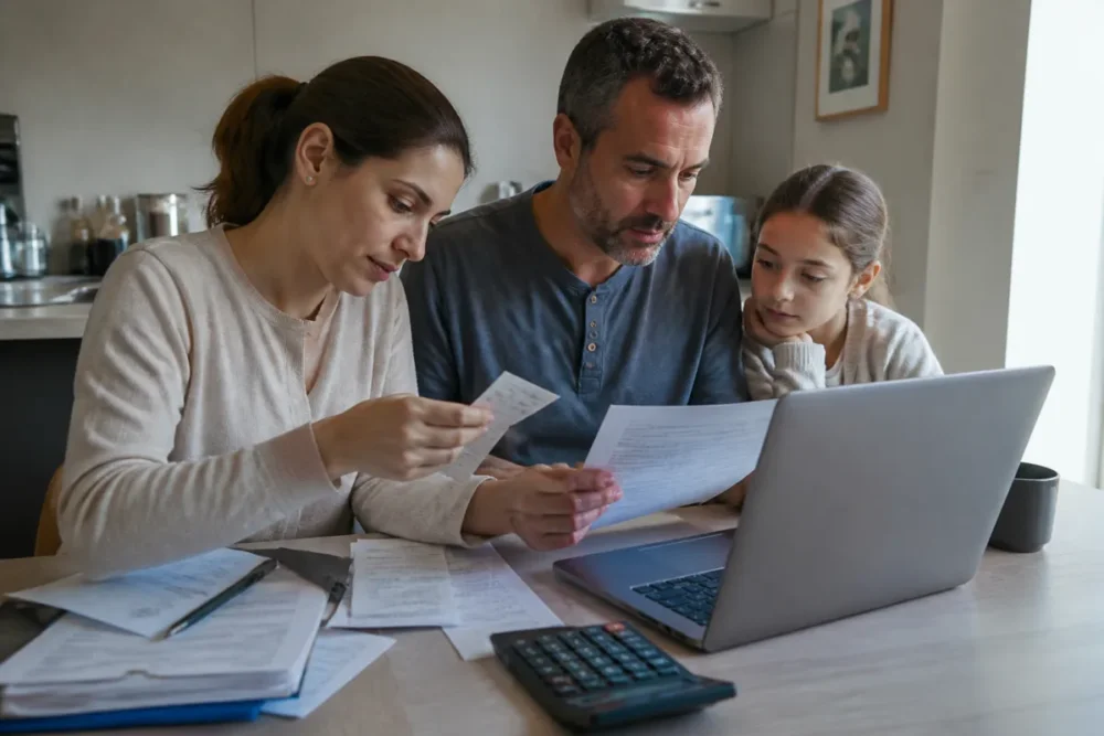 Famille préparant sa déclaration fiscale 2026 avec justificatifs et ordinateur