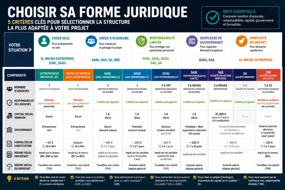 schéma comparatif des conditions de forme juridique d'entreprise