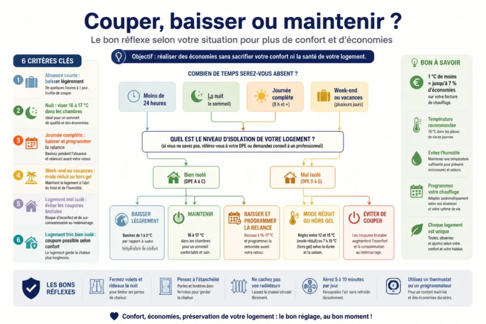 Schéma de décision pour couper ou baisser le chauffage selon l’absence et l’isolation