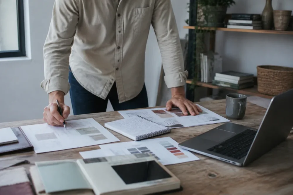 Entrepreneuse préparant le budget de lancement avec des documents administratifs et du matériel