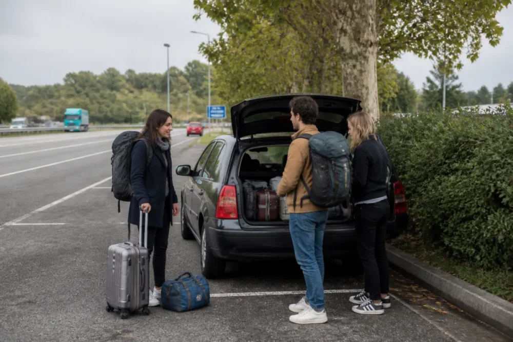 Départ en covoiturage longue distance sur une aire avec passagers et bagages