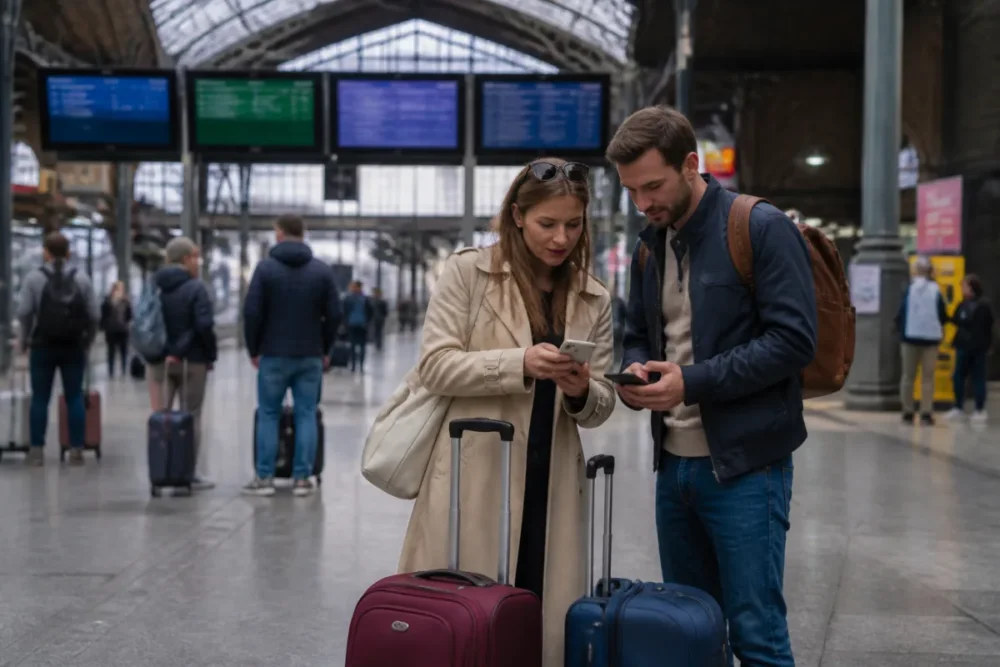 Comparaison train covoiturage dans une gare avec voyageurs et bagages