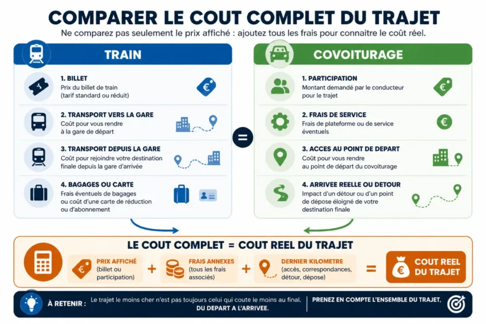 Schéma du coût total pour comparer covoiturage et train