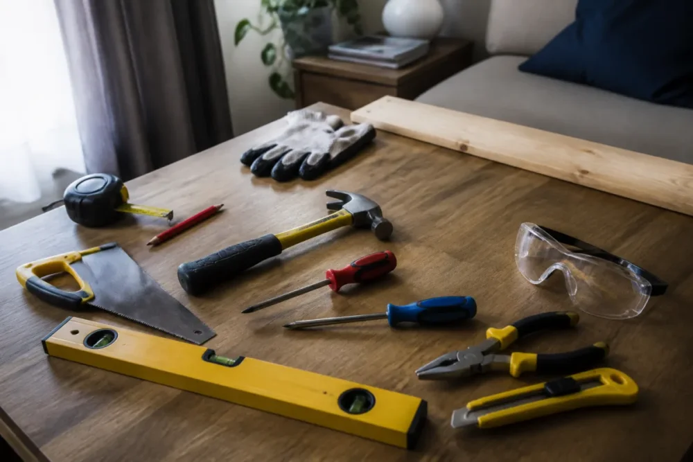 Outils de base pour débuter dans le bricolage avec mètre, tournevis, marteau et niveau