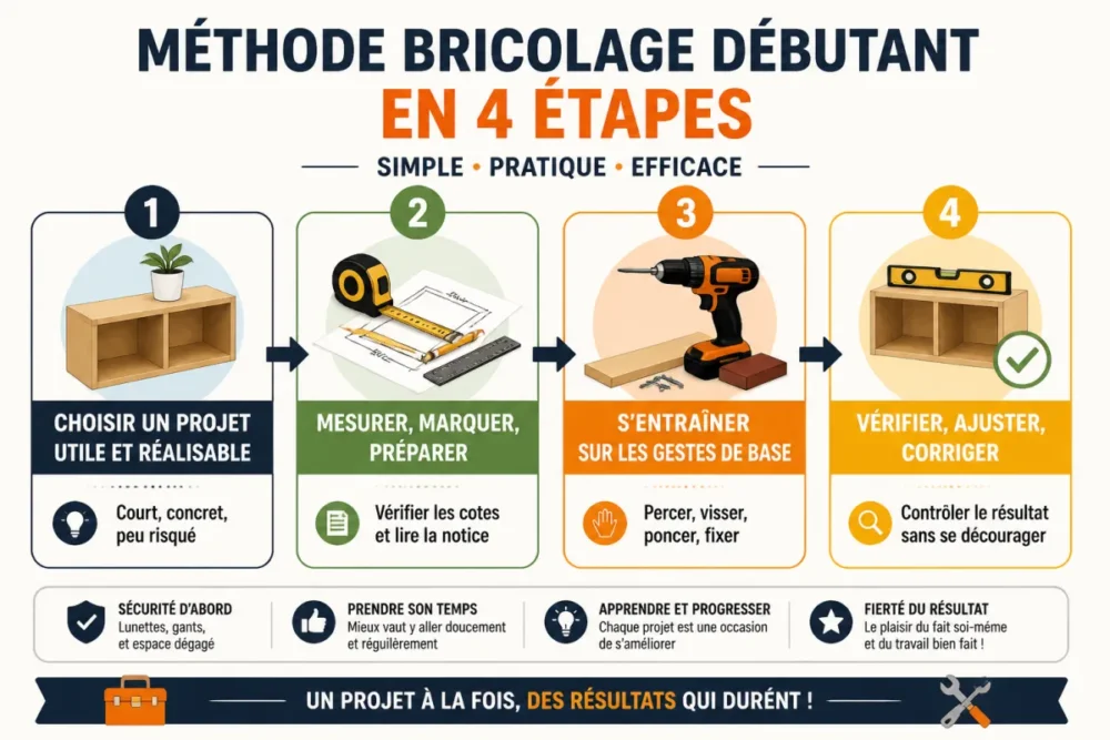 Schéma de méthode bricolage à la maison en quatre étapes pour débutant