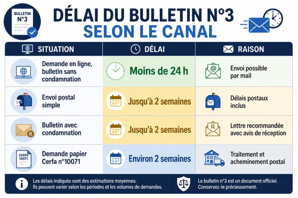 Infographie comparant les délais du bulletin n°3 selon demande en ligne et courrier