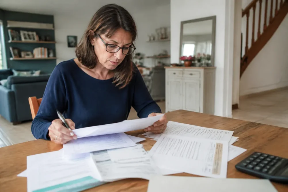 Propriétaire bailleur consultant un dossier locatif et une assurance loyers impayés