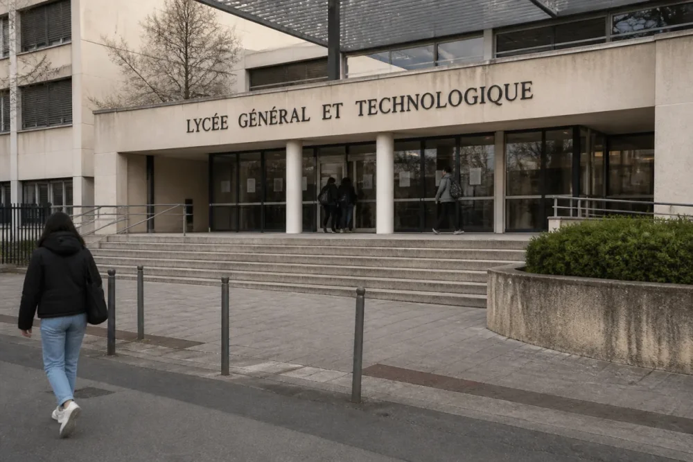 Façade réaliste d’un lycée public illustrant les différences lycée public privé
