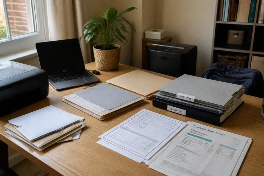 Classement des documents administratifs après déménagement sur un bureau