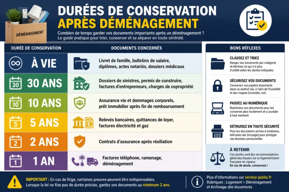 Infographie des durées de conservation des documents après déménagement