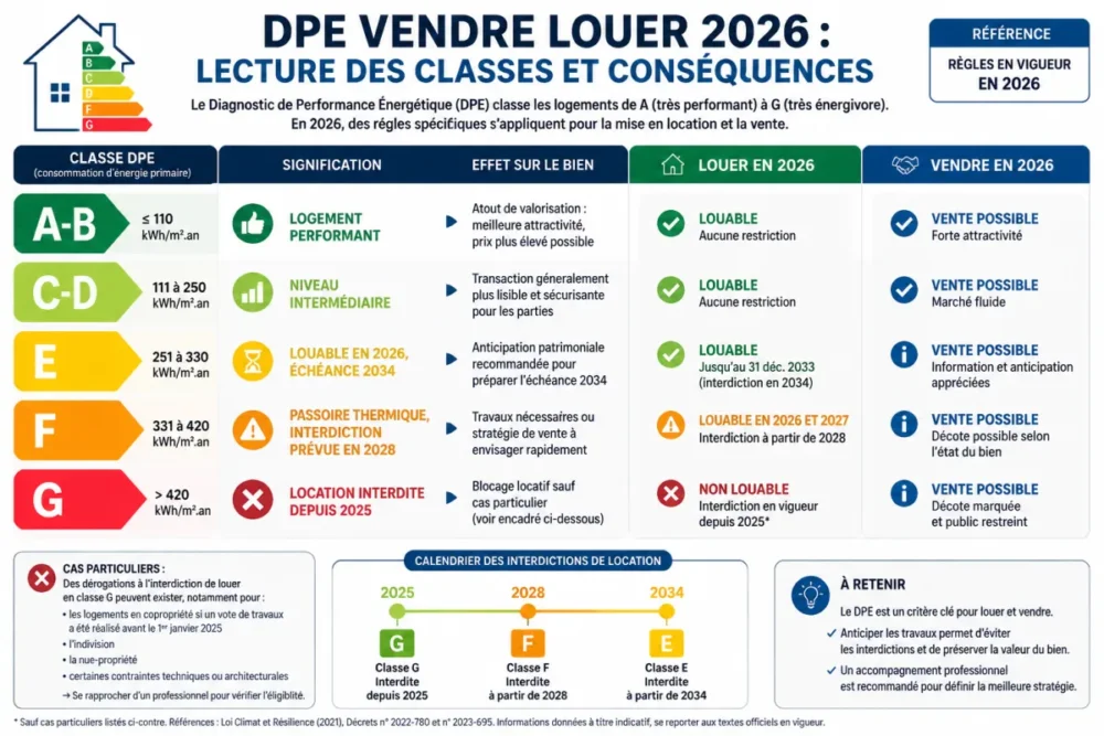 Schéma des classes DPE et conséquences pour vendre ou louer en 2026