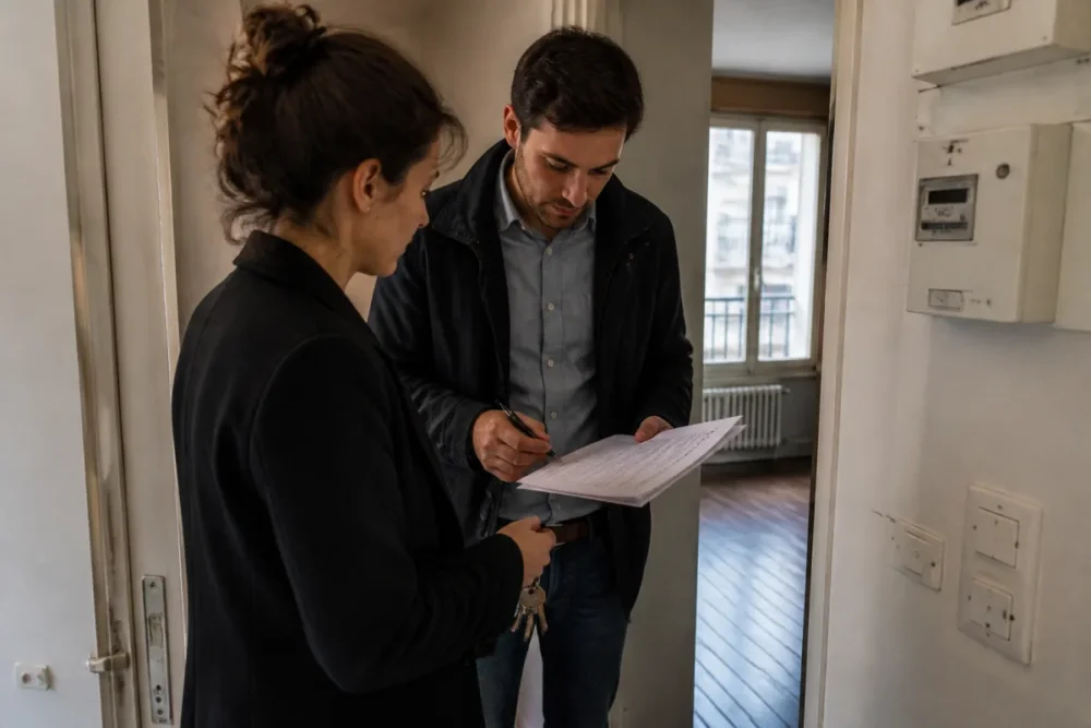 État des lieux de sortie entre locataire et bailleur dans un appartement vide
