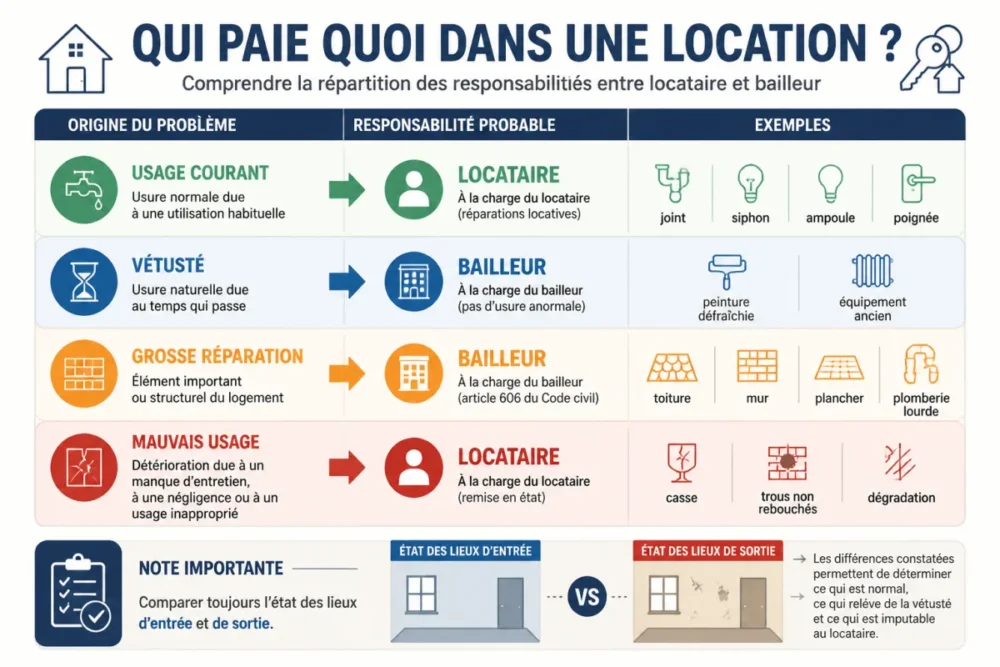 Schéma comparant réparations locatives, vétusté et grosses réparations