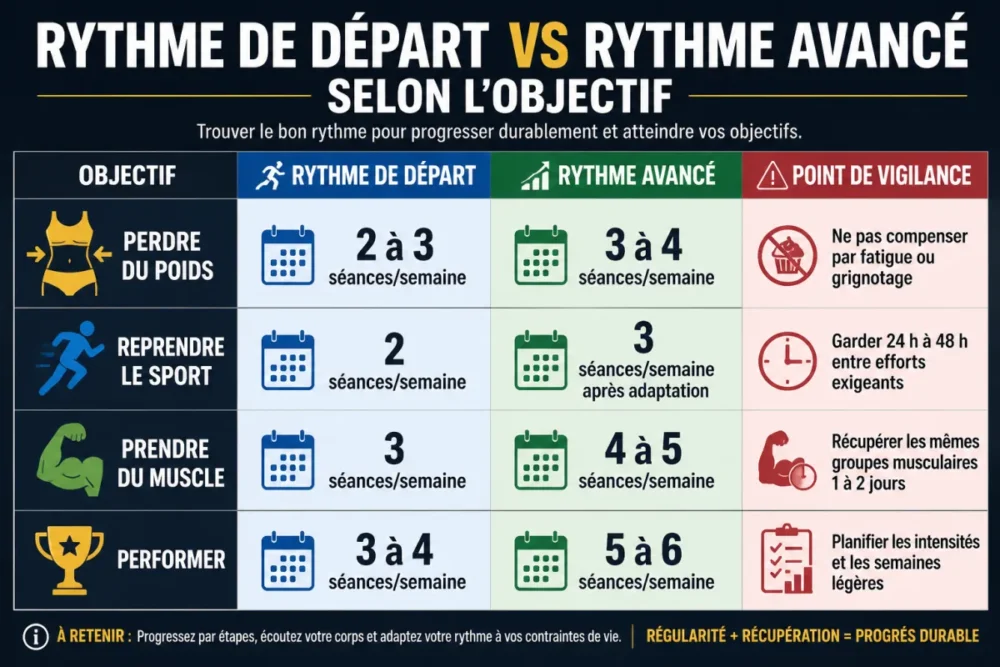 Infographie sur le nombre de séances par semaine selon l’objectif : perdre du poids, reprendre le sport, prendre du muscle ou performer