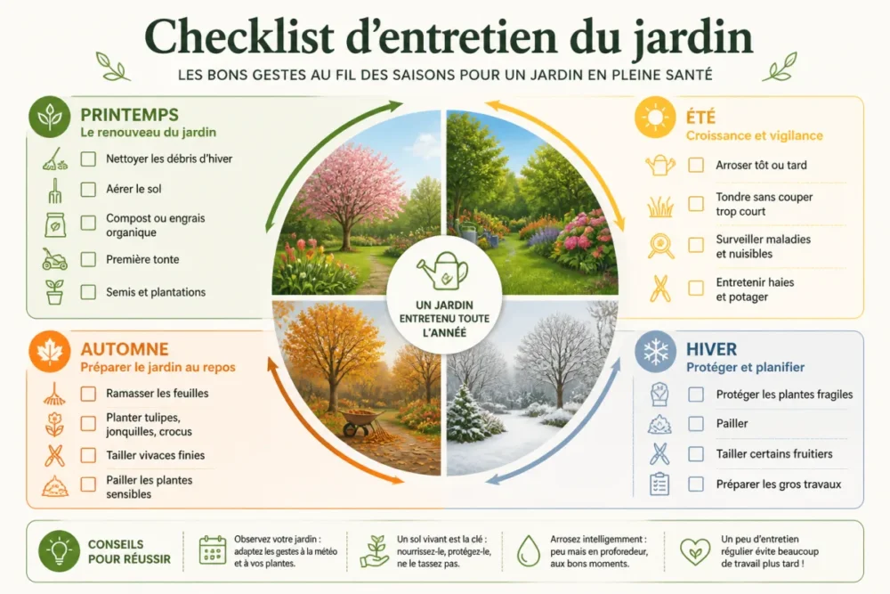 Schéma de checklist d’entretien du jardin par saison avec les gestes prioritaires