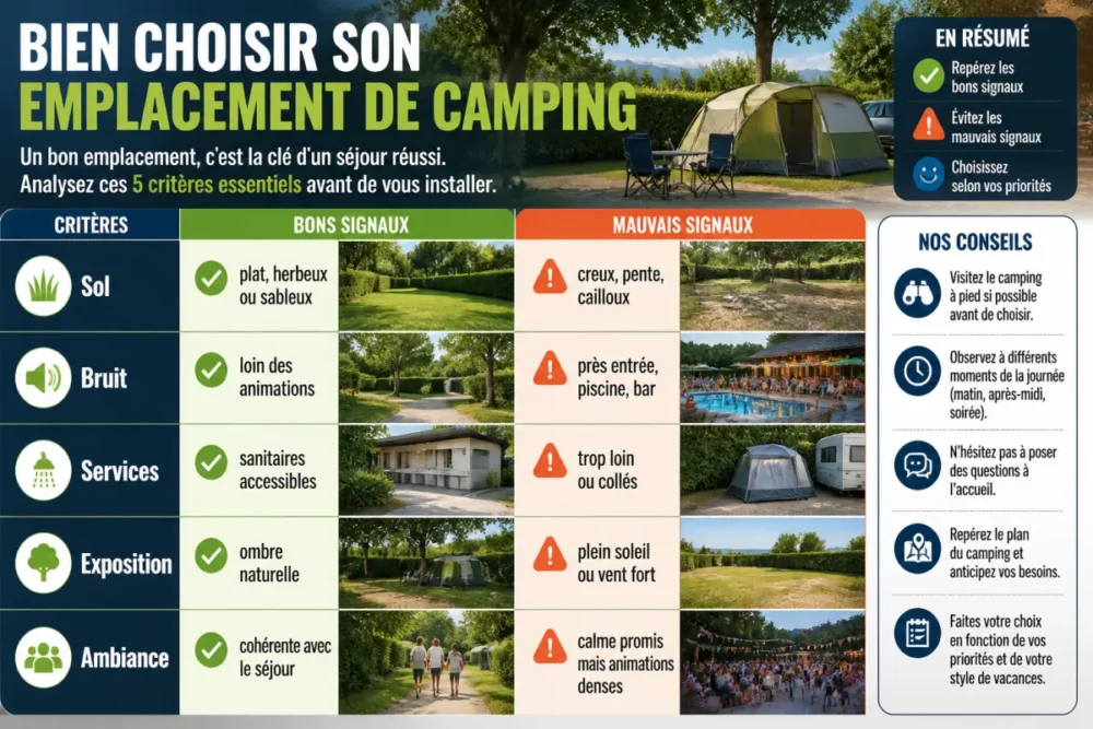 infographie des critères pour choisir un emplacement camping