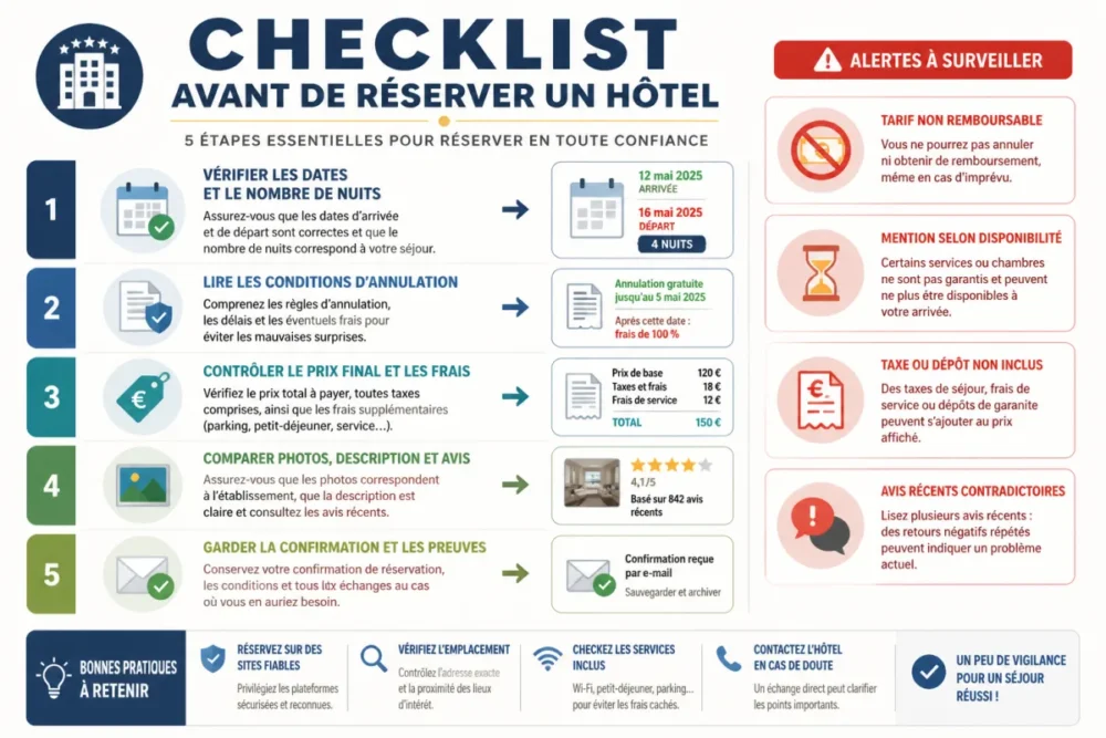 Schéma de checklist pour vérifier les conditions d’annulation et frais cachés hôtel