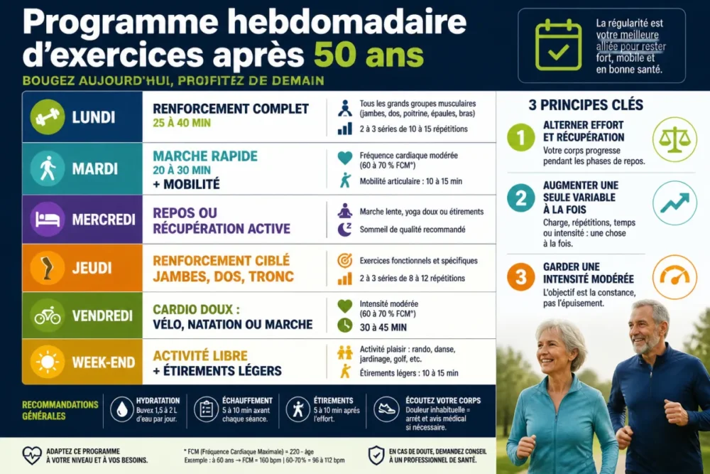 infographie en français d’un programme hebdomadaire d’exercices après 50 ans