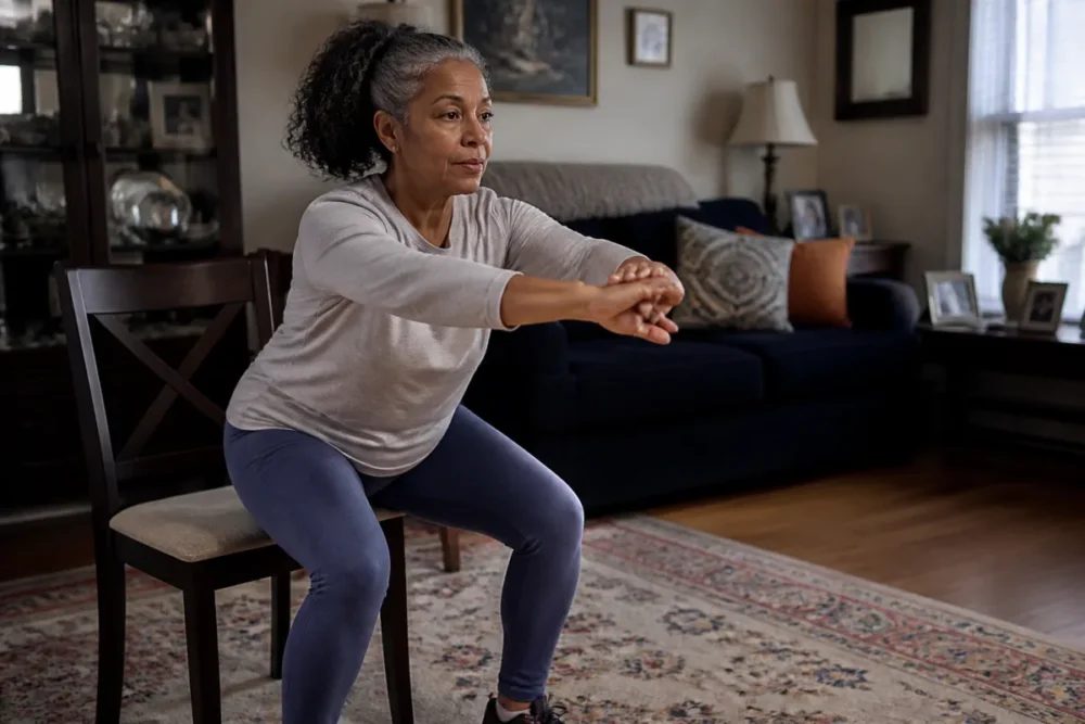 exercice senior de squat assisté avec une chaise pour reprendre le sport après 50 ans