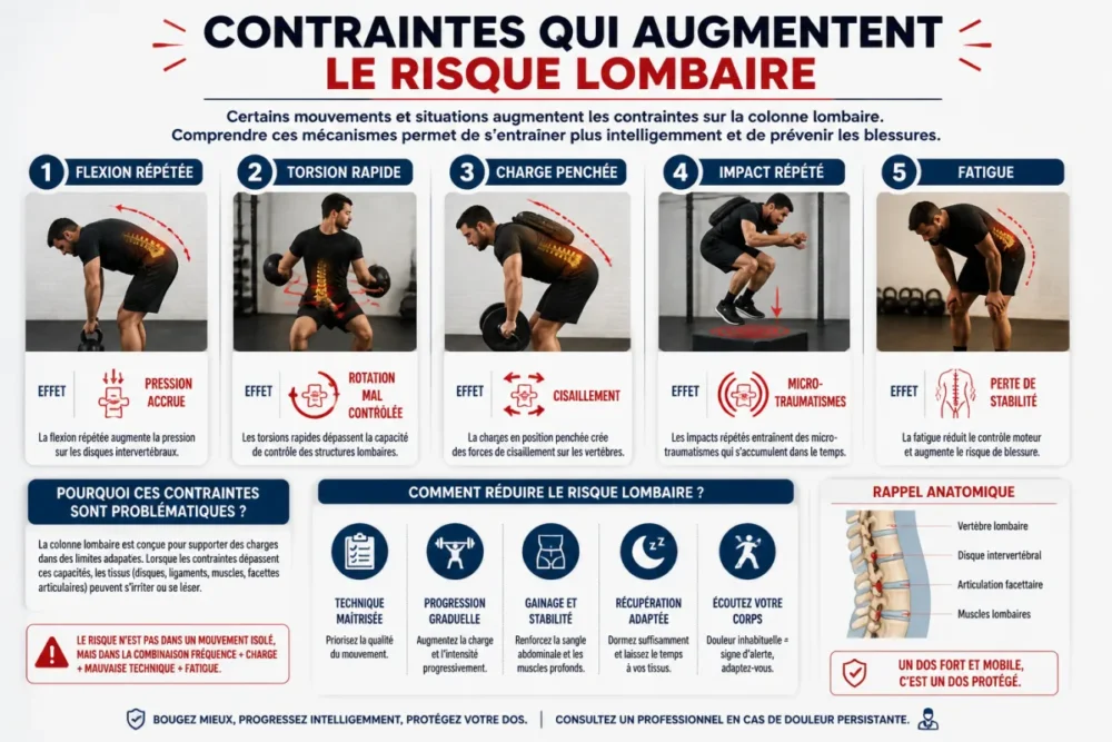 Schéma des contraintes lombaires pendant les exercices à risque
