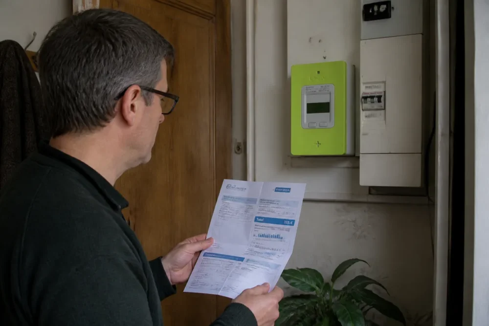 Photo réaliste d’une personne vérifiant une facture d’électricité face à un compteur Linky pour repérer une hausse anormale