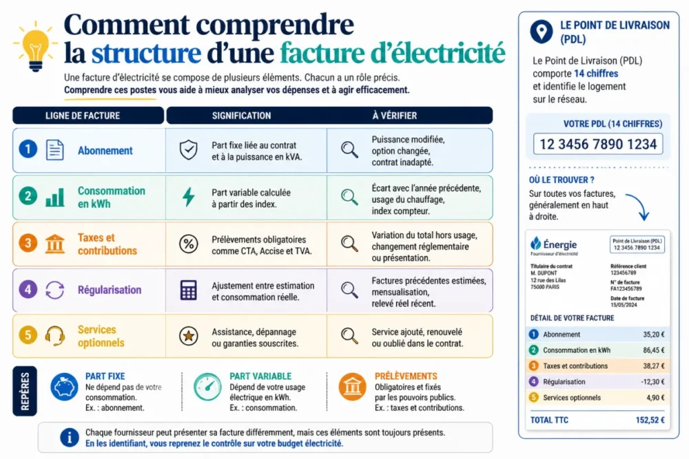Infographie sur la structure d’une facture d’électricité avec abonnement, consommation en kWh, taxes et régularisation