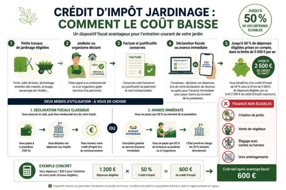 Schéma du crédit d'impôt jardinage et de l'avance immédiate pour réduire la facture