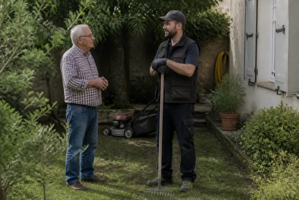 Senior échangeant avec un jardinier déclaré pour une aide à l'entretien courant du jardin