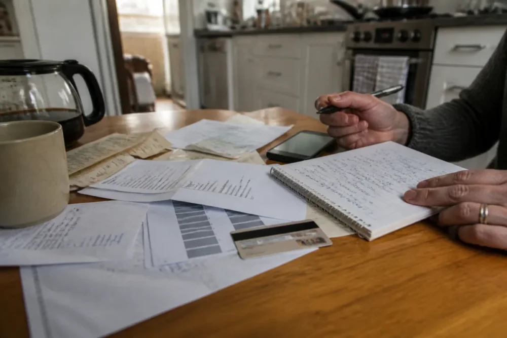 Personal budget with bills and phone to find money quickly with caution