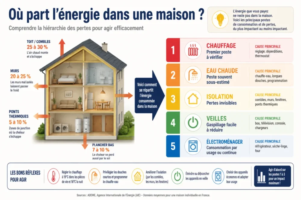 Schéma des principales pertes d’énergie dans une maison avec chauffage, eau chaude, isolation et veilles