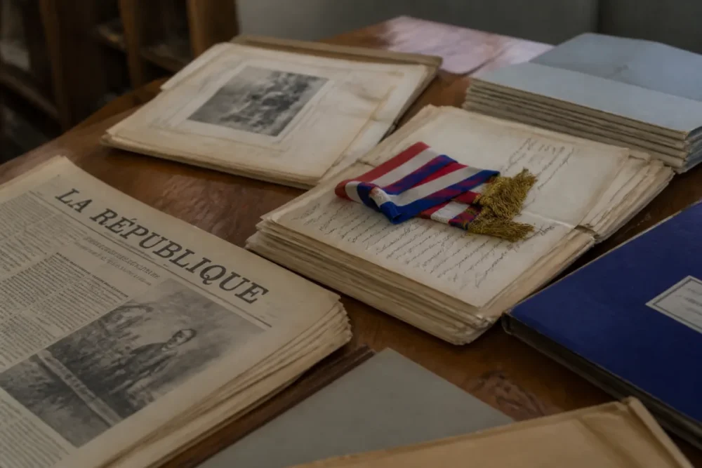 Photographie réaliste d'archives historiques françaises et documents républicains