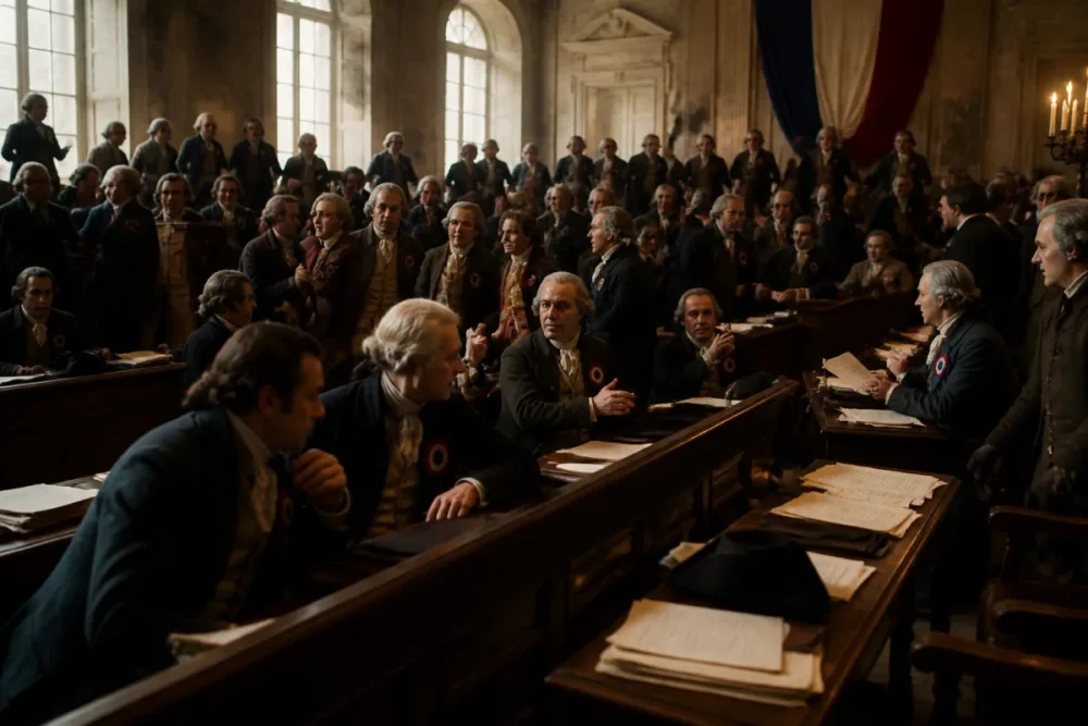 Illustration réaliste d’une salle révolutionnaire française en 1789 avec débats politiques